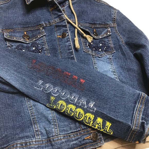 Hip Jeans Loco Gal Hooded Zip Denim Jean Jacket Sz 14 - Picture 9 of 15